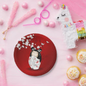 Kokeshi Doll Red Black Cherry Blossom Papieren Bordje (Feest)