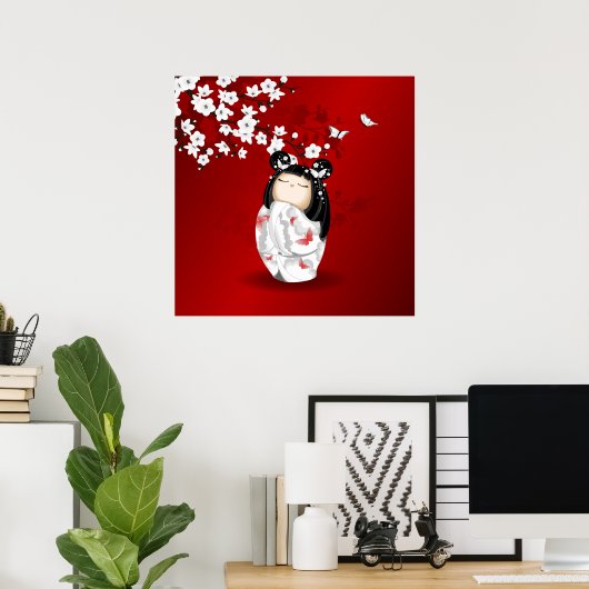 Kokeshi Doll Red Black Cherry Blossom Poster (Thuiskantoor)