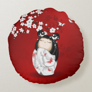 Kokeshi Doll Red Black Cherry Blossom Rond Kussen