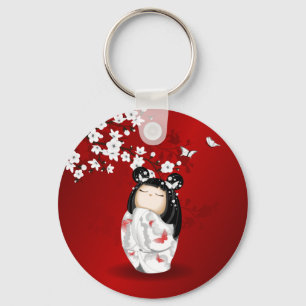 Kokeshi Doll Red Black Cherry Blossom Sleutelhanger