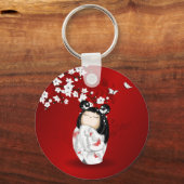 Kokeshi Doll Red Black Cherry Blossom Sleutelhanger (Voorkant)