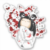 Kokeshi Doll Red Black Cherry Blossom Stick Sticker (Voorkant)
