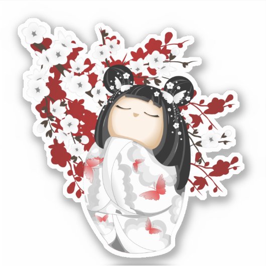 Kokeshi Doll Red Black Cherry Blossom Stick Sticker (Voorkant)