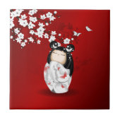 Kokeshi Doll Red Black Cherry Blossom Tegeltje (Voorkant)