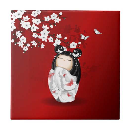 Kokeshi Doll Red Black Cherry Blossom Tegeltje (Voorkant)