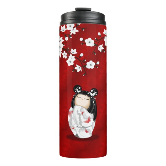 Kokeshi Doll Red Black Cherry Blossom Thermosbeker (Voorkant)