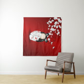 Kokeshi Doll Red Black Cherry Blossom Wandkleed (In Situ (horizontaal))
