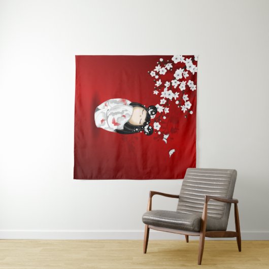 Kokeshi Doll Red Black Cherry Blossom Wandkleed (In Situ (horizontaal))