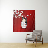 Kokeshi Doll Red Black Cherry Blossom Wandkleed (In situ)