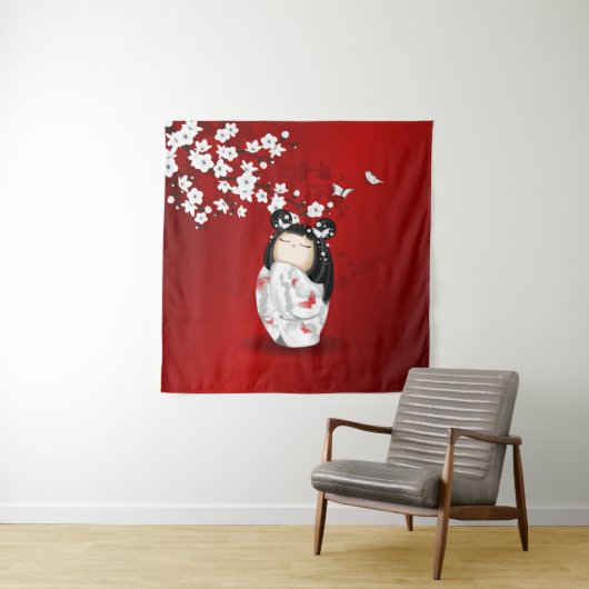 Kokeshi Doll Red Black Cherry Blossom Wandkleed (In situ)