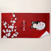Kokeshi Doll Red Black en White Cherry Blossom Strandlaken (Voorkant)