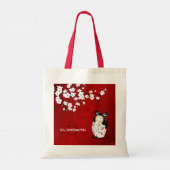 Kokeshi Doll Red Black en White Cherry Blossom T Tote Bag (Achterkant)