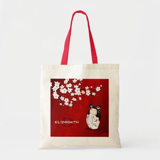 Kokeshi Doll Red Black en White Cherry Blossom T Tote Bag (Voorkant)