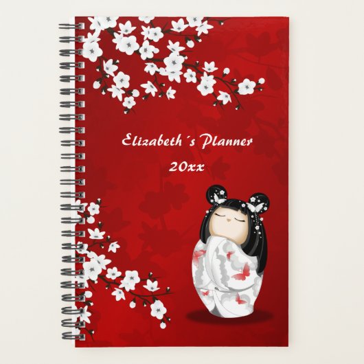 Kokeshi Doll Red White Cherry Blossom Jouw naam Planner (Voorkant)