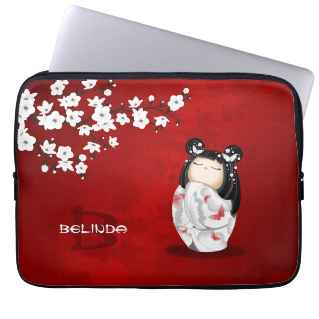 Kokeshi Doll Red White Cherry Blossom Laptop Sleeve (Voorkant)