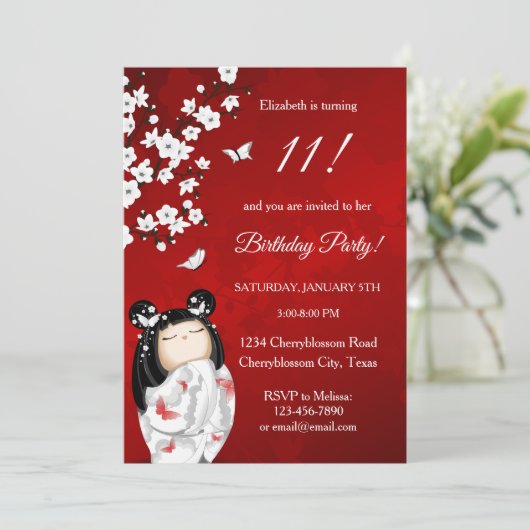 Kokeshi Doll Red White | Geestdag meisje Kaart (Staand voorkant)