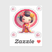 Kokeshi Doll rood en geel kimono met paraplu Sticker (Vel)
