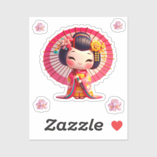Kokeshi Doll rood en geel kimono met paraplu Sticker