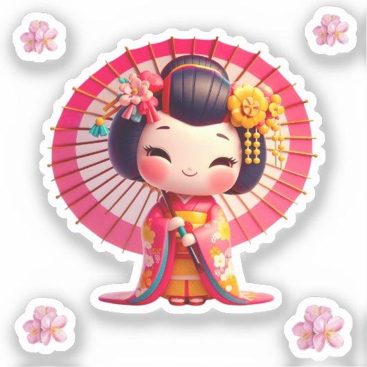 Kokeshi Doll rood en geel kimono met paraplu Sticker (Voorkant)