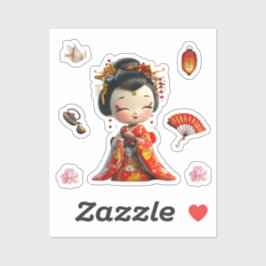 Kokeshi Doll Rood en Goud, Geisha Stickers