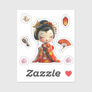 Kokeshi Doll Rood en Goud, Geisha Stickers