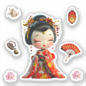 Kokeshi Doll Rood en Goud, Geisha Stickers (Voorkant)