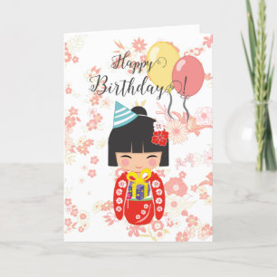Kokeshi Doll Rood Happy Birthday Kaart