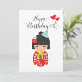 Kokeshi Doll Rood Happy Birthday Kaart (Staand voorkant)