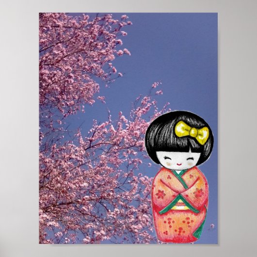 Kokeshi Doll Sakura Cherry Blossom Poster Print (Voorkant)