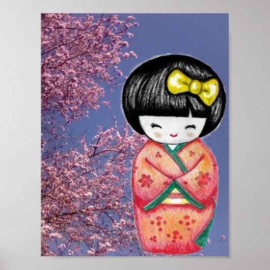Kokeshi Doll Sakura Cherry Blossoms Print Poster (Voorkant)