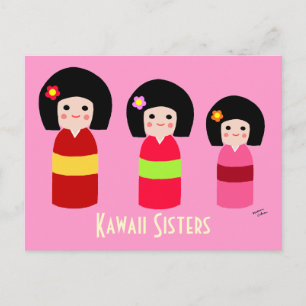 Kokeshi Doll Sisters Cartoon Briefkaart