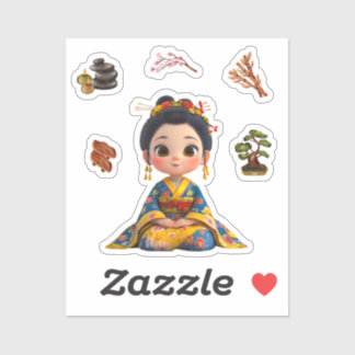 Kokeshi Doll Sticker blauw en goud