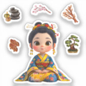 Kokeshi Doll Sticker blauw en goud (Voorkant)