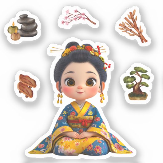 Kokeshi Doll Sticker blauw en goud (Voorkant)