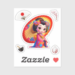 Kokeshi Doll Sticker roze en geel met paraplu