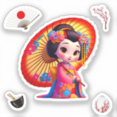 Kokeshi Doll Sticker roze en geel met paraplu (Voorkant)
