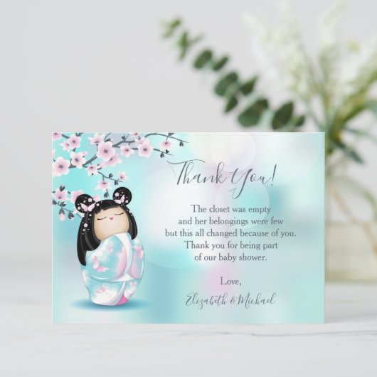 Kokeshi Doll Turquoise Girl Baby shower Bedankkaart (Staand voorkant)