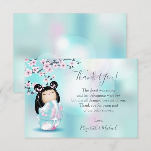 Kokeshi Doll Turquoise Girl Baby shower Bedankkaart (Voorkant / Achterkant)