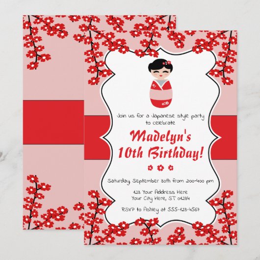 Kokeshi Doll Verjaardag Uitnodiging | Japanse stij (Voorkant / Achterkant)