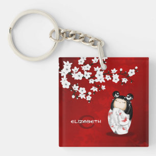 Kokeshi DollRed Black en White Cherry Blossom Key Sleutelhanger