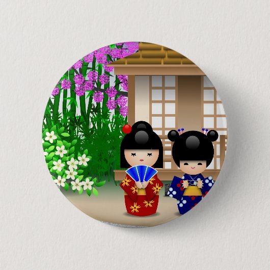 Kokeshi Dolls en Teahouse Ronde Button 5,7 Cm (Voorkant)