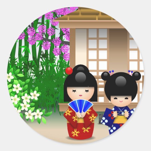 Kokeshi Dolls en Teahouse Ronde Sticker (Voorkant)