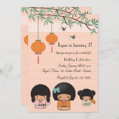 Kokeshi Dolls Invitation Kaart (Voorkant / Achterkant)