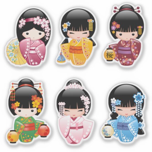 Kokeshi Dolls Set 1 - Japanse Kimono Geisha Meisje Sticker (Voorkant)