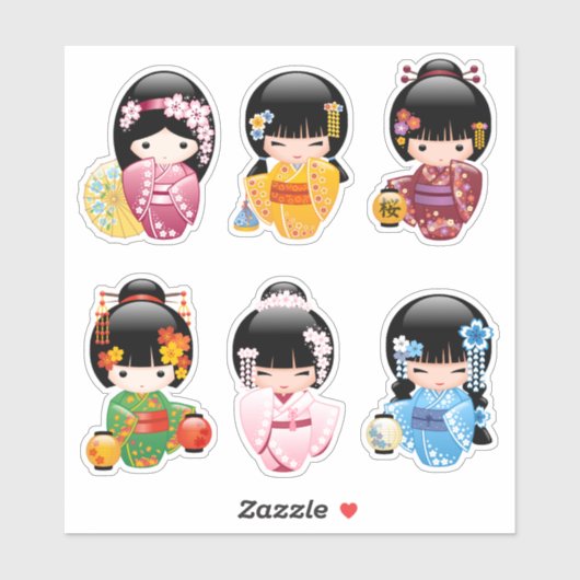 Kokeshi Dolls Set 1 - Japanse Kimono Geisha Meisje Sticker (Vel)