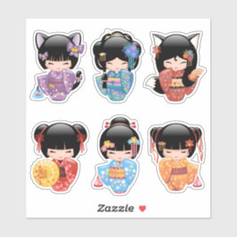 Kokeshi Dolls Set 2 - Japanse Kimono Geisha Meisje Sticker
