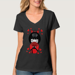 Kokeshi Geisha Doll met Hearts Valentijnsdag T-shirt