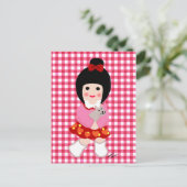 Kokeshi Girl met haar Puppy Briefkaart (Staand voorkant)