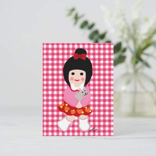 Kokeshi Girl met haar Puppy Briefkaart (Staand voorkant)