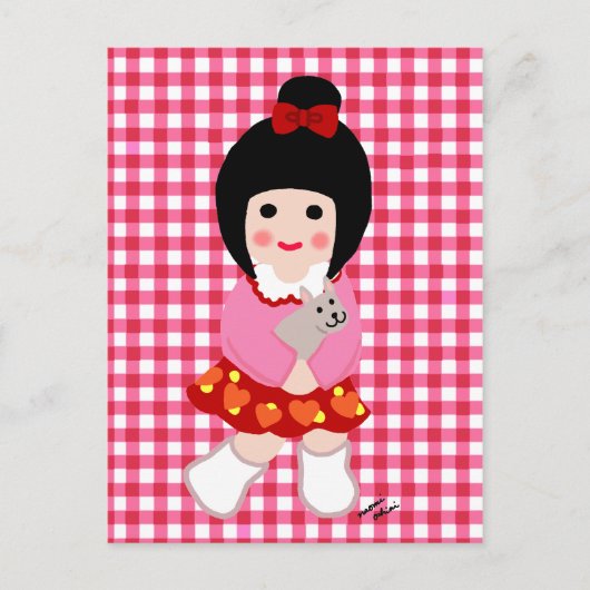 Kokeshi Girl met haar Puppy Briefkaart (Voorkant)